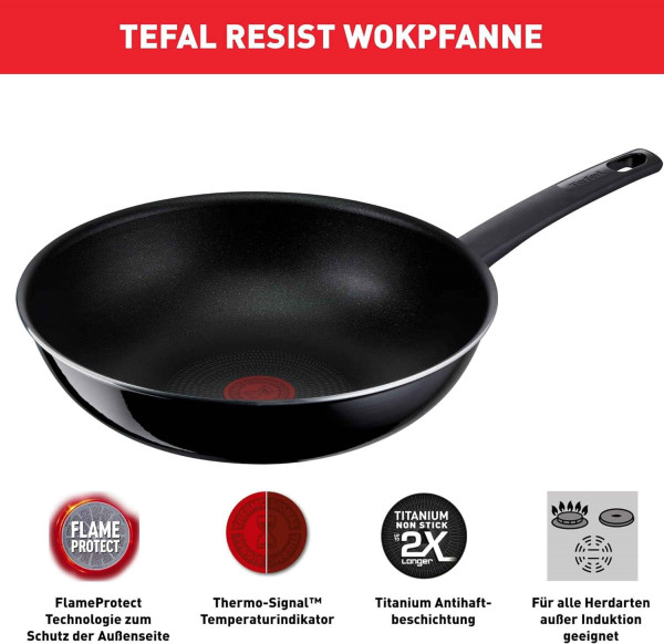 Tefal D52619 Resist Wokpfanne| sichere Titanium Antihaftversiegelung | Thermo-Signal Temperaturindik