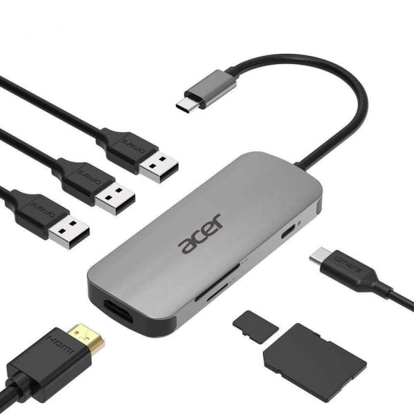 Acer 7-in-1 Mini Dock (USB Type-C zu 1x USB Type-C (w PD), 3x USB 3.0, 1x HDMI, 1x SD Card Reader, 1