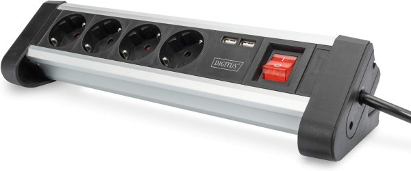 DIGITUS Steckdosenleiste mit USB - 2 Lade-Ports USB-A - 4 Steck-Dosen - Schalter - Schreib-Tisch & W
